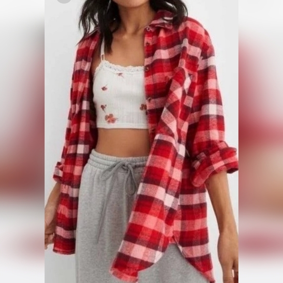 aerie Tops - Aerie Lumber Jane Flannel Long Sleeve Oversized Button Shirt Red Plaid S